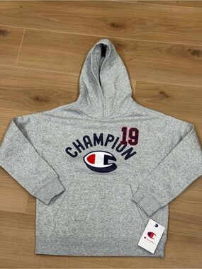 Champion Heather Gray Kids Hoodie with Navy Logo and Red '19 Patch